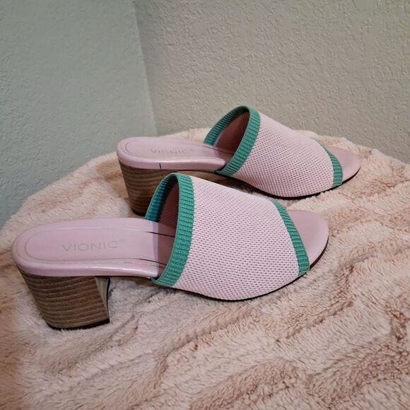 Vionic Pink and Green Mules with Chunky Heel Size 8 - Picture 4 of 8